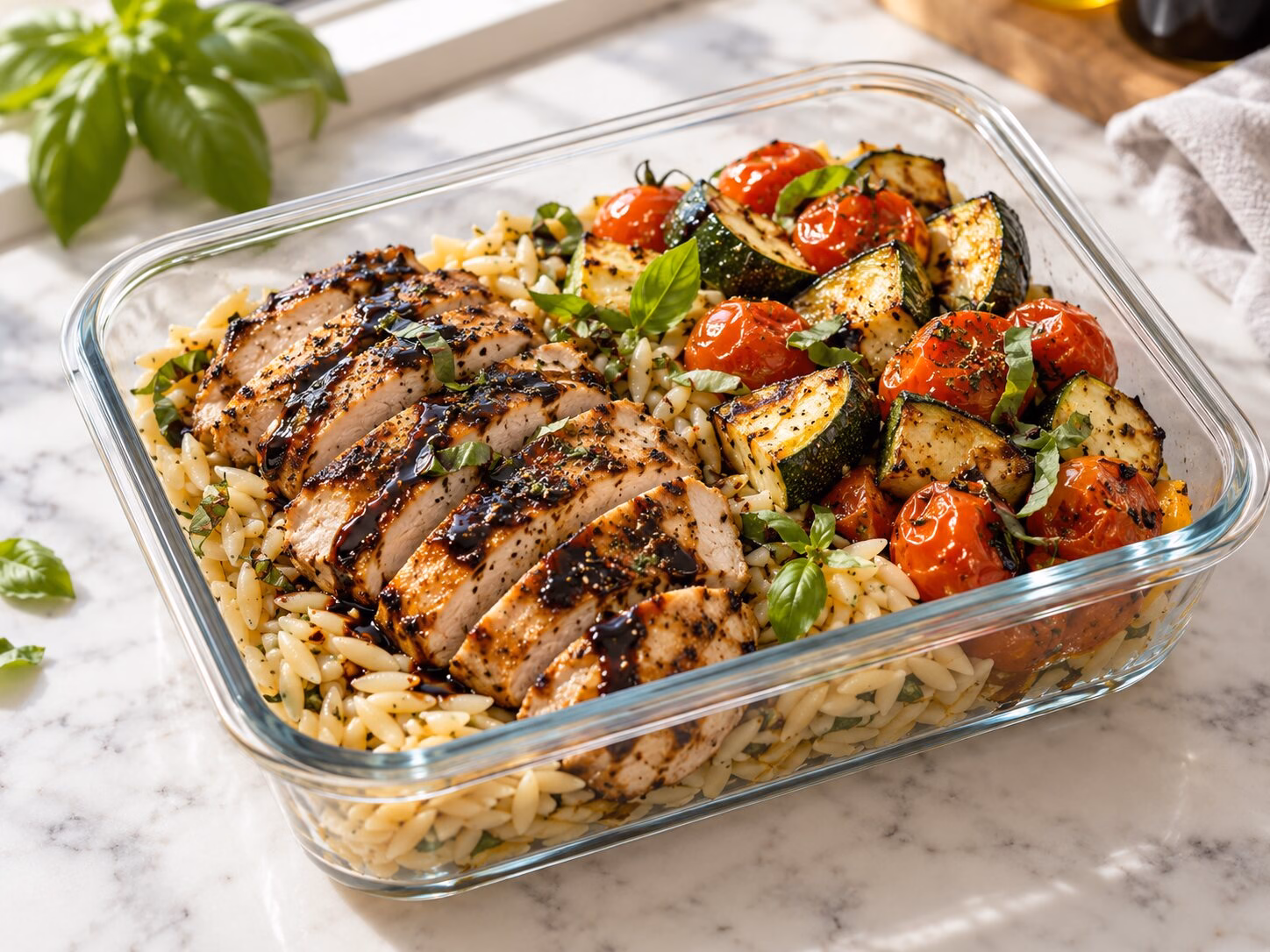 Balsamic chicken bowl with orzo, roasted zucchini, cherry tomatoes, and basil