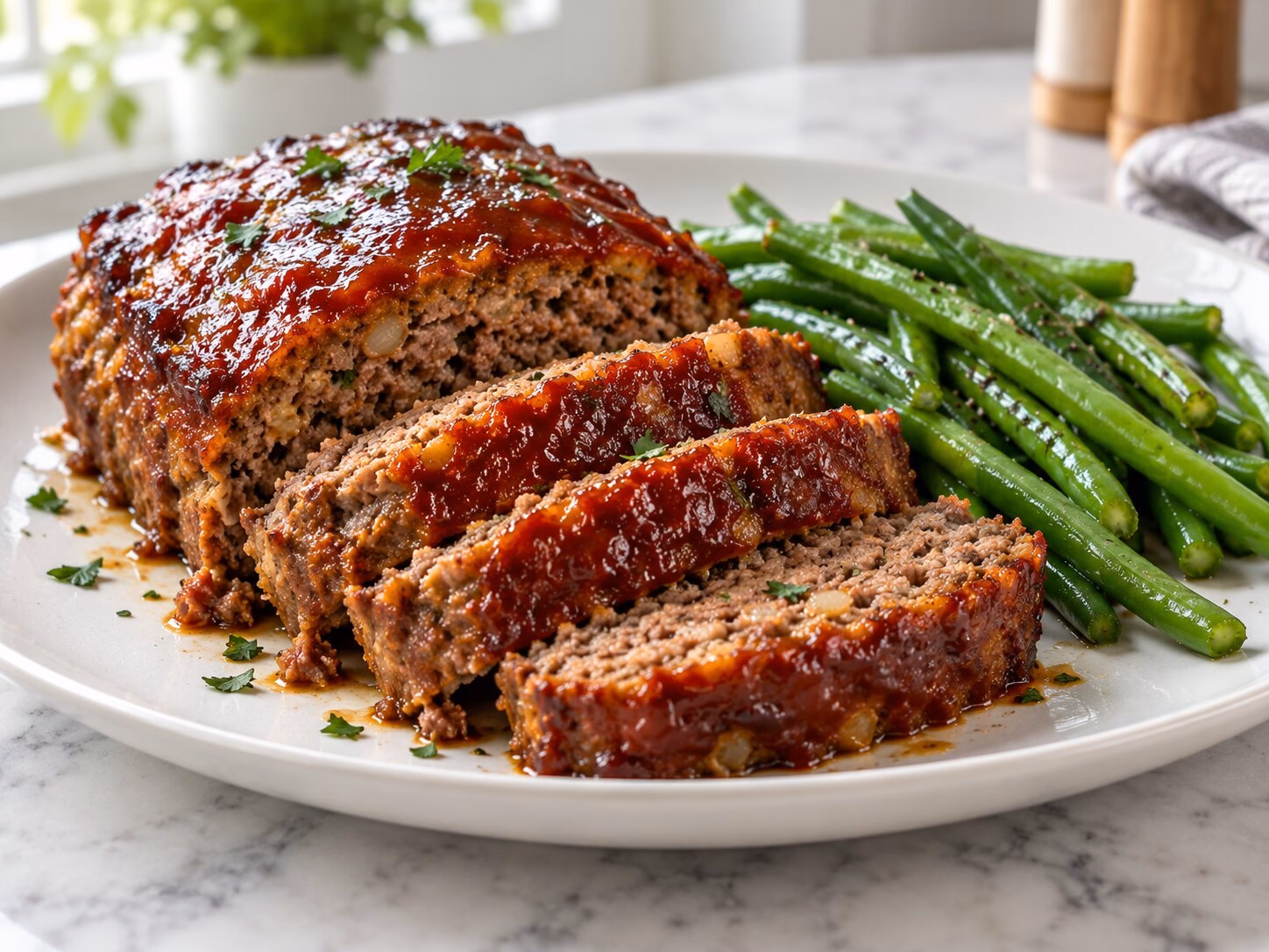 Sliced glazed ground beef meatloaf served with green beans