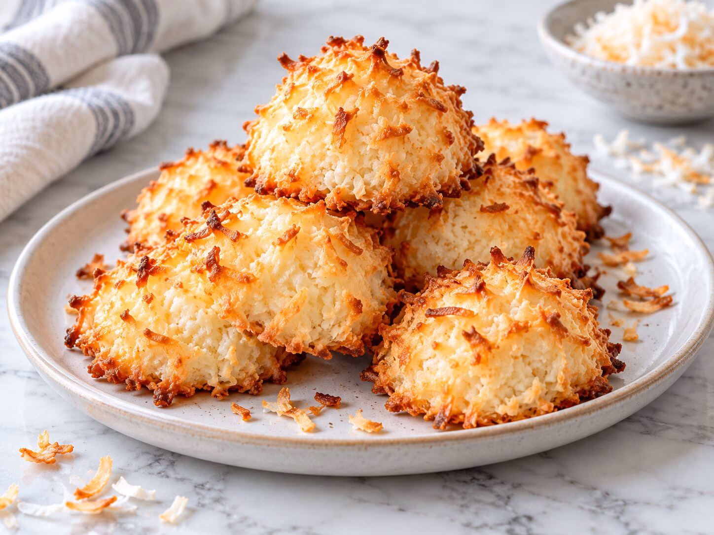 Golden coconut macaroons with toasted edges arranged on a plate