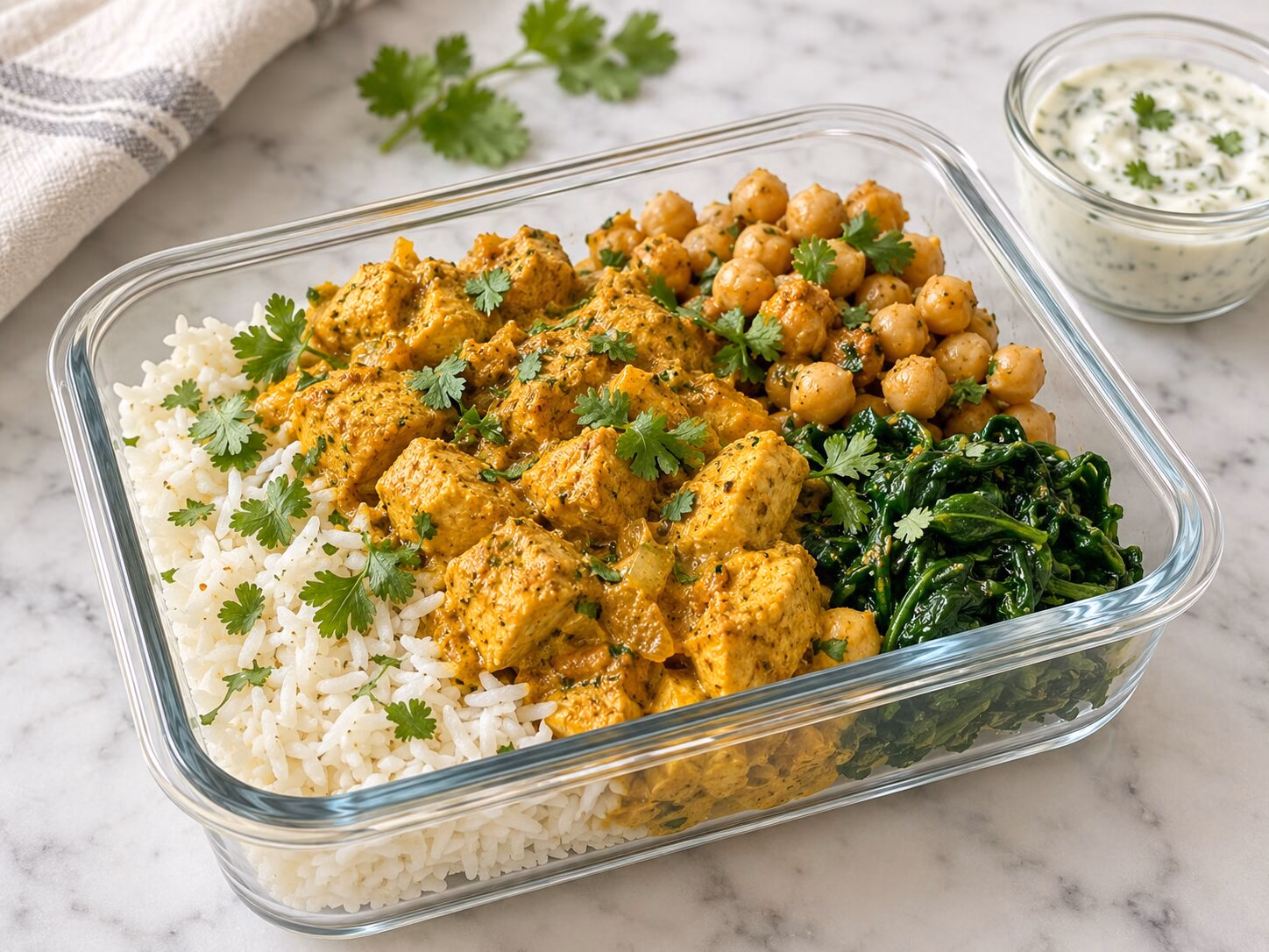 Curry chicken bowl with spinach, chickpeas, and basmati rice