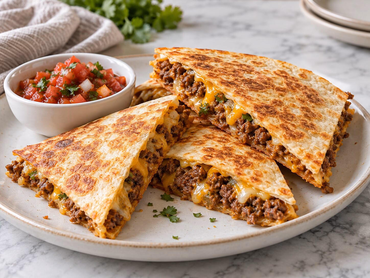 Golden beef quesadilla wedges with melted cheese and salsa