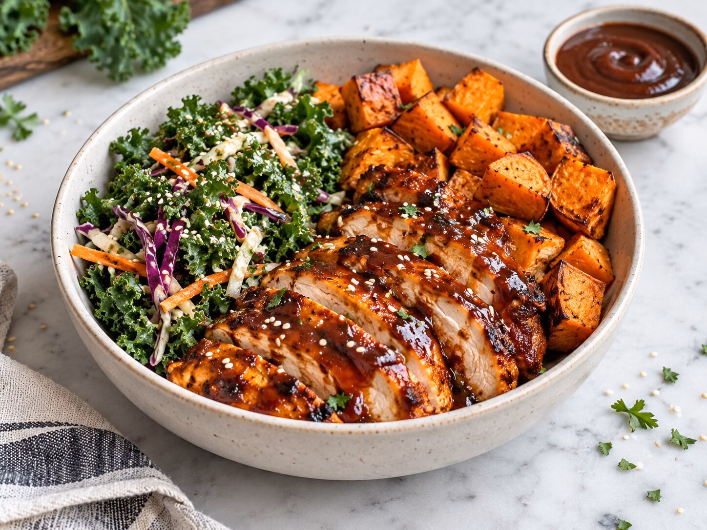BBQ chicken bowl with roasted sweet potato and kale slaw