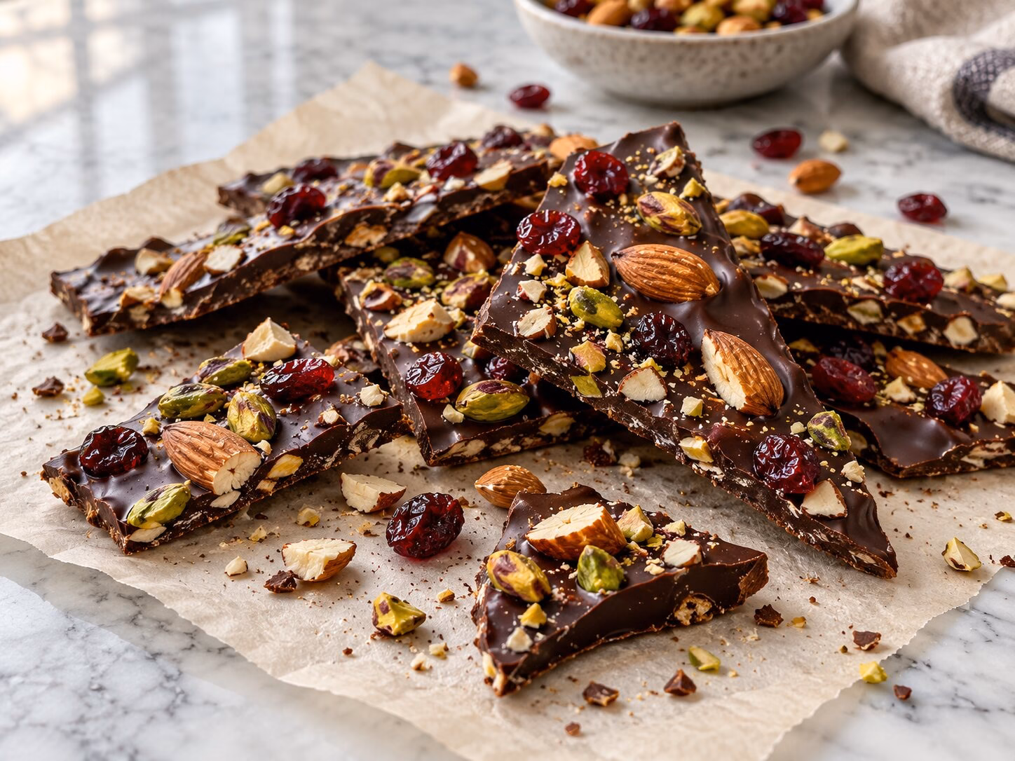 Dark chocolate bark pieces topped with almonds, pistachios, and dried cranberries