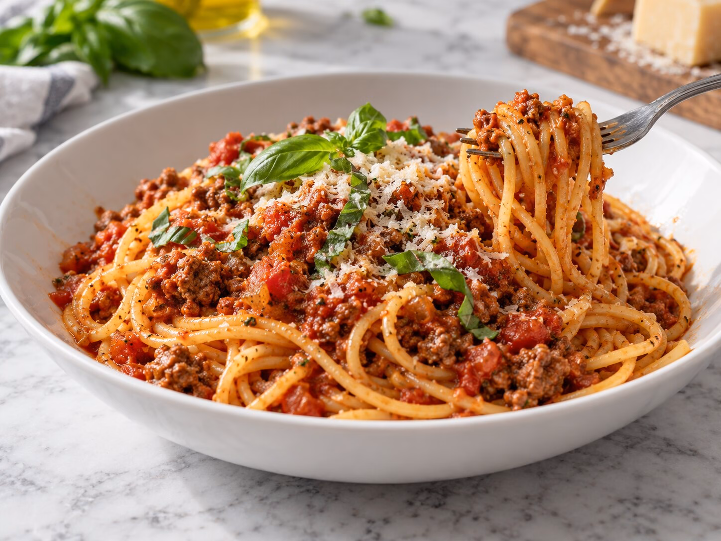 Spaghetti with chunky tomato and ground beef meat sauce, basil, and parmesan
