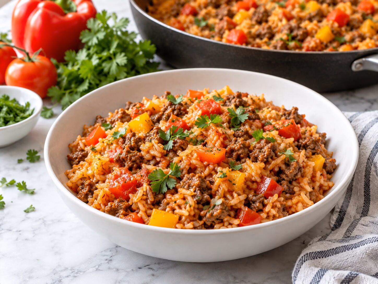 Ground beef and rice skillet with peppers, tomatoes, and herbs