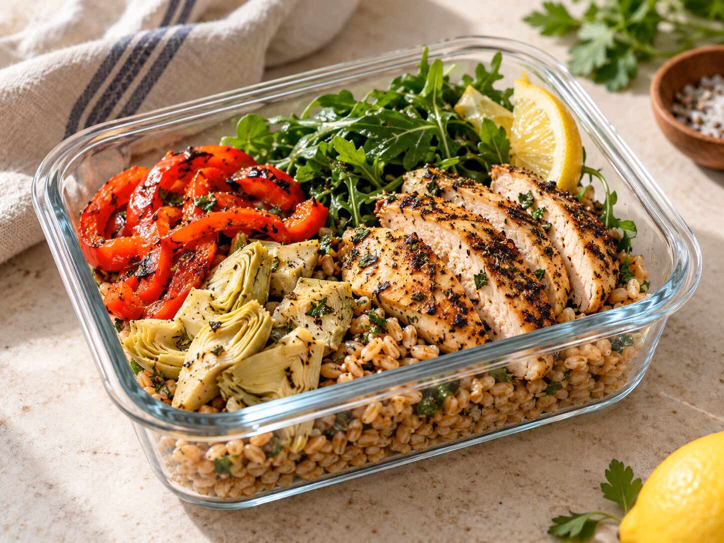 Italian chicken bowl with farro, roasted peppers, artichokes, and greens