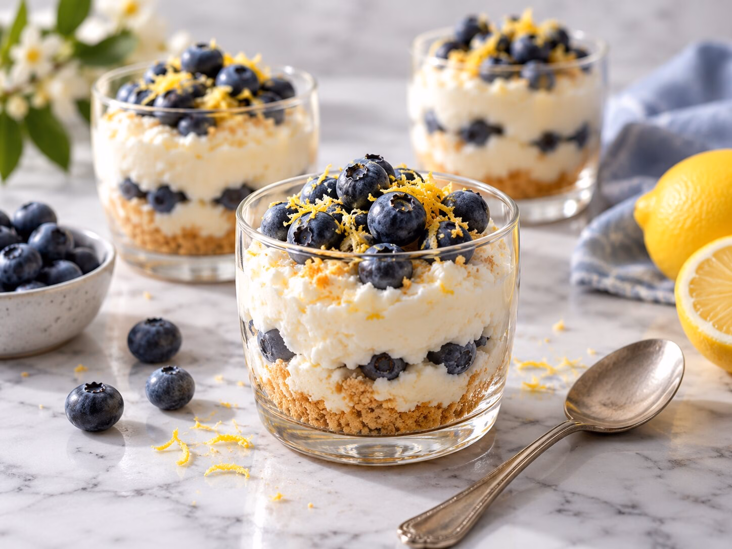 Lemon ricotta dessert cups topped with lemon zest and fresh blueberries