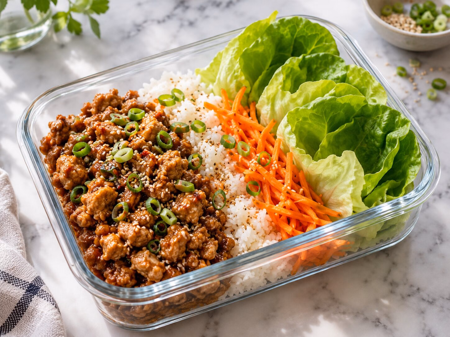 Asian chicken lettuce wrap bowl with ginger-hoisin chicken, rice, lettuce, carrots, and scallions