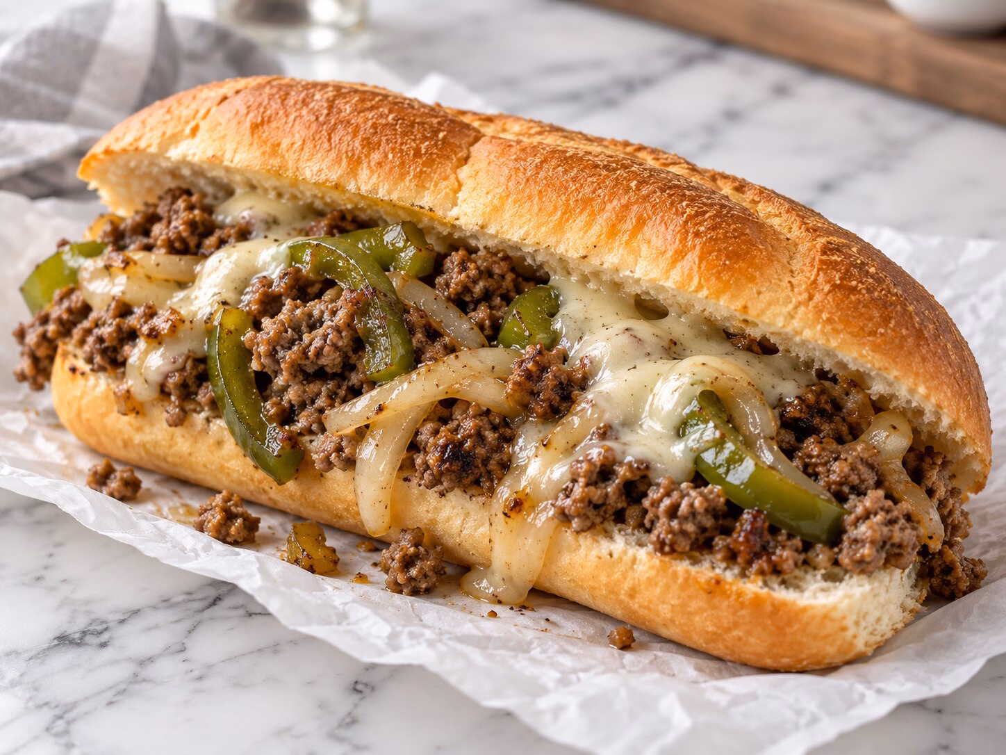 Toasted hoagie roll filled with ground beef, peppers, onions, and melted provolone
