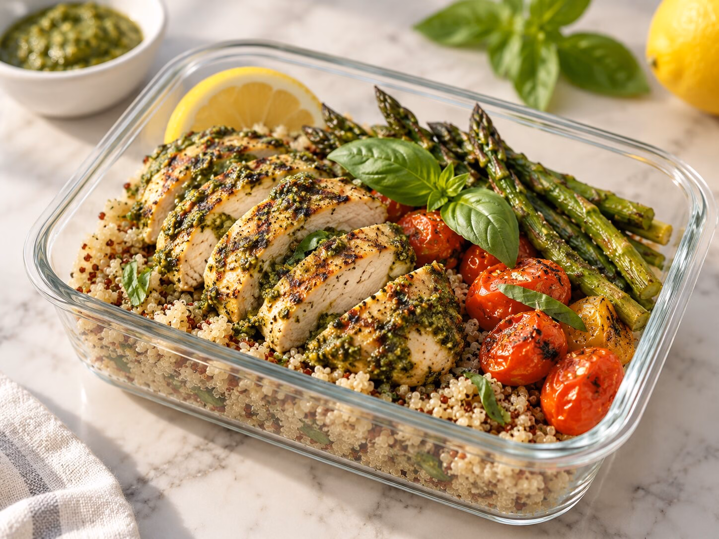 Pesto chicken quinoa bowl with roasted tomatoes, asparagus, and basil